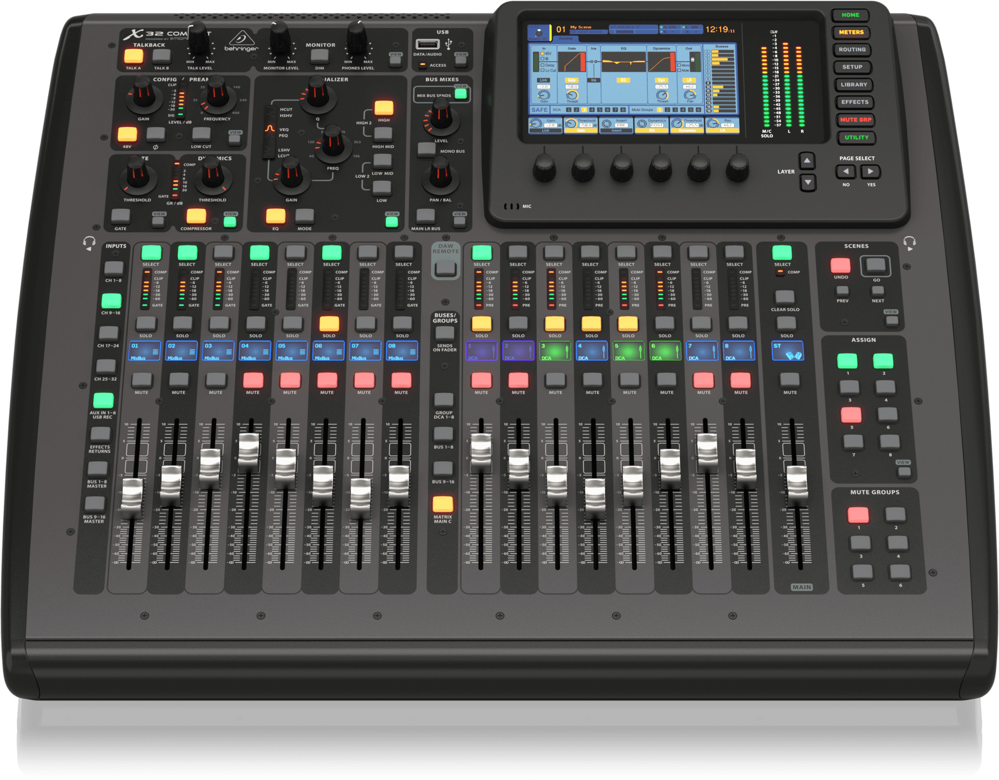 Behringer X32 Compact Compact 40-Input, 25-Bus Digital Mixing Console with 16 Programmable Midas Preamps, 17 Motorized Faders,-Channel LCD's, 32-Channel Audio Interface and iPad/iPhone Remote Control - Image 5